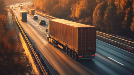 A truck carrying goods on a motorway, with a blurred background of other vehicles, highlighting the importance of logistics and transportation.の素材