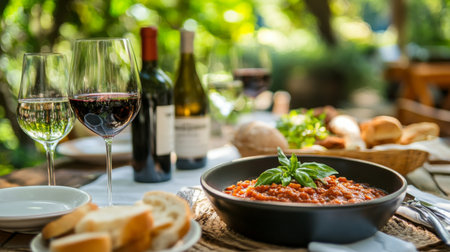 A charming outdoor dining setting with a table set for an Italian meal, complete with wine, bread, and a rich tomato sauce dish, highlighting the warmth of Italian hospitality.の素材