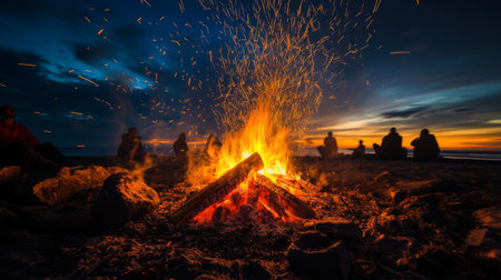 A captivating shot of a campfire surrounded by friends, with sparks flying into the night sky, capturing the essence of outdoor adventures and bonding moments.の素材