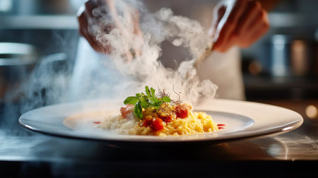 A beautifully plated dish being served hot from the kitchen, with steam rising and vibrant colors, showcasing the presentation of culinary artistry.の素材