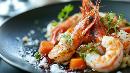 A beautifully plated dish of seafood seasoned with coarse salt and garnished with herbs, highlighting the elegance of fine dining and the art of flavor enhancement.の素材