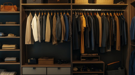 A beautifully organized wardrobe featuring neatly hung clothes, color-coordinated garments, and shelves with accessories, showcasing the essence of stylish and functional storageの素材