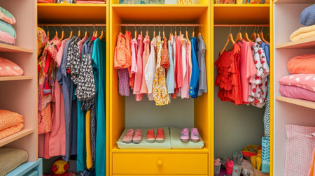 A child playful wardrobe filled with vibrant clothing, shoes, and toys, promoting organization while reflecting the personality and creativity of a young fashionista.の素材