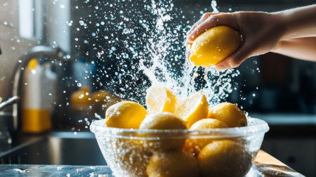 A cheerful kitchen scene featuring a person squeezing fresh lemons into a bowl, with splashes of juice captured mid-air, emphasizing the fun of cooking with fresh ingredients.の素材