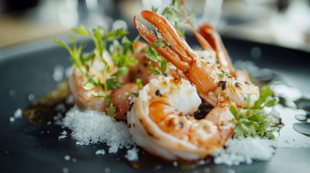 A beautifully plated dish of seafood seasoned with coarse salt and garnished with herbs, highlighting the elegance of fine dining and the art of flavor enhancement.の素材