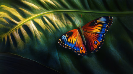 A close-up of a butterfly resting on a large tropical leaf, its colorful wings spread open, with the leaf's textured surface providing a rich contrast.の素材