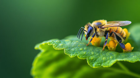 A bee collecting pollen while resting on a flower petal that sits atop a large green leaf, showing the harmony of insects and nature in a macro shotの素材