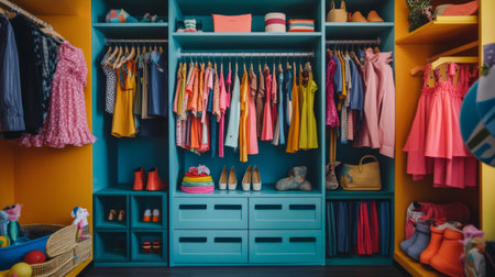 A child playful wardrobe filled with vibrant clothing, shoes, and toys, promoting organization while reflecting the personality and creativity of a young fashionista.の素材