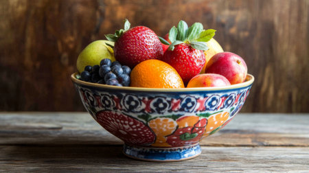 A close-up of a colorful ceramic bowl filled with fresh fruits, set against a rustic wooden background, highlighting the natural beauty of everyday kitchen items.の素材