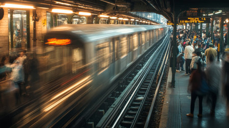 A bustling scene of commuters at a busy city train station, with people moving in different directions, emphasizing the fast pace of urban life.の素材