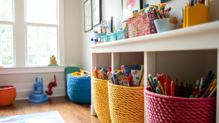 A children's playroom filled with bright, playful baskets containing toys, books, and art supplies, creating an organized and inviting space for creativity and fun.の素材