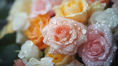 A close-up of a flower arrangement with water droplets artfully placed, creating a refreshing visual for events or celebrations, highlighting elegance and beauty.の素材