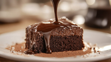 A close-up of a rich chocolate sauce being poured over a slice of cake, capturing the indulgence and decadence of desserts, perfect for sweet-tooth lovers.の素材