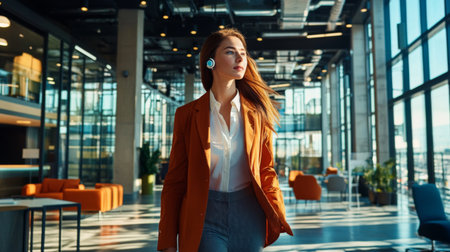 A businesswoman wearing wireless earbuds, walking confidently through a modern office, connected to a virtual meeting while on the go, illustrating flexible wireless communication.の素材