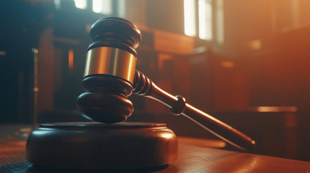 A close-up of a gavel striking a block in a courtroom, symbolizing the power of justice and the rule of law, with soft lighting highlighting the details of the wooden surfaces.の素材