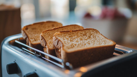 A close-up of a toaster with slices of bread popping up, perfectly toasted and ready to be spread with butter and jam, capturing the joy of breakfast preparation.の素材