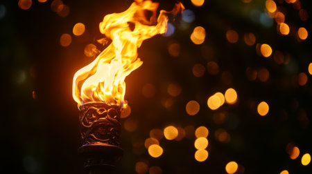 A close-up of a torch flame illuminating a night scene, adding a mystical and adventurous vibe, perfect for storytelling or promotional materials.の素材