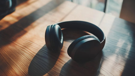 A close-up of sleek, modern headphones resting on a wooden desk, with soft natural light illuminating the intricate design and textures, creating a minimalist and stylish vibe.の素材