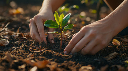 A close-up of hands carefully planting a small tree sapling in rich soil, surrounded by fallen leaves and twigs, showcasing the beauty of nature and conservation efforts.の素材