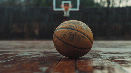 A close-up of a well-worn basketball resting on a polished wooden court, with a basketball hoop in the background, symbolizing the passion and dedication of the sportの素材