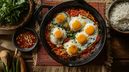 A cozy dining setup featuring a cast iron pan of fried eggs served with spicy chili sauce and a side of rice, emphasizing the comforting nature of Thai cuisine.の素材