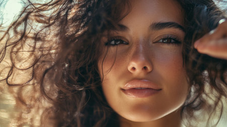 A close-up of a woman twirling her hair with her fingers, showcasing healthy and shiny locks, with soft, natural lighting creating a warm and inviting atmosphere.の素材