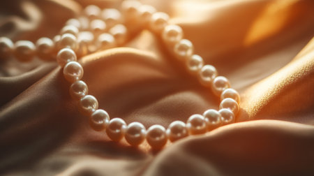 A close-up of an elegant pearl necklace gracefully draped over a soft velvet cloth, highlighting the luster and beauty of each pearl in warm, ambient lighting.の素材