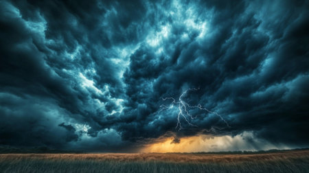 A close-up of dark storm clouds gathering ominously above a field, with flashes of lightning illuminating the scene, capturing the power and intensity of a thunderstorm.の素材