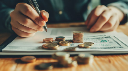 A close-up of hands counting bills and coins on a table, with a notepad displaying a savings plan in the background, capturing the essence of budgeting and financial responsibility.の素材