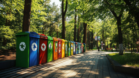 A colorful array of outdoor trash bins lined up in a park, with signs indicating recycling options, promoting environmental awareness and responsible waste disposal.の素材
