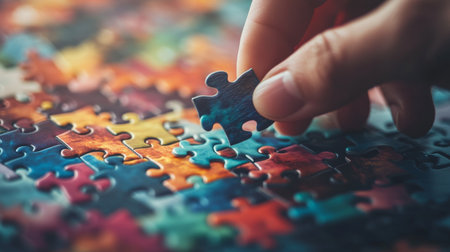 A close-up of hands fitting the final piece of a colorful jigsaw puzzle into place, capturing the sense of accomplishment and satisfaction in completing the puzzle.の素材