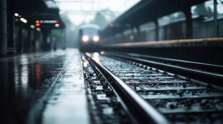 A close-up of train tracks glistening in the rain at a station, with a train approaching in the background, capturing the moody atmosphere of a rainy day.の素材