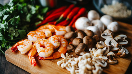 A close-up shot of the vibrant ingredients used in tom yum goong, including shrimp, mushrooms, and spices, beautifully arranged on a wooden cutting board.の素材