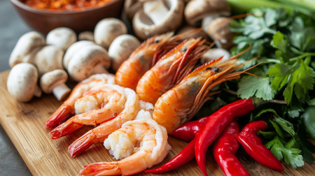 A close-up shot of the vibrant ingredients used in tom yum goong, including shrimp, mushrooms, and spices, beautifully arranged on a wooden cutting board.の素材