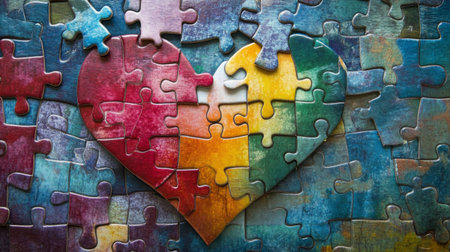 A colorful jigsaw puzzle with missing center pieces in the shape of a heart, symbolizing love, connection, and the idea of finding the missing piece to complete something meaningful.の素材