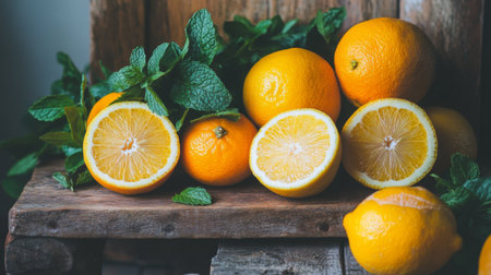 A colorful display of fruit ingredients on a rustic wooden table, featuring oranges, lemons, and mint, emphasizing the natural freshness used in making smoothiesの素材
