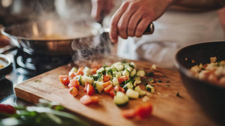 A colorful assortment of fresh vegetables being chopped on a wooden cutting board, with a sizzling pan in the background, capturing the essence of preparing a delicious meal.の素材