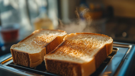 A close-up of a toaster with slices of bread popping up, perfectly toasted and ready to be spread with butter and jam, capturing the joy of breakfast preparation.の素材
