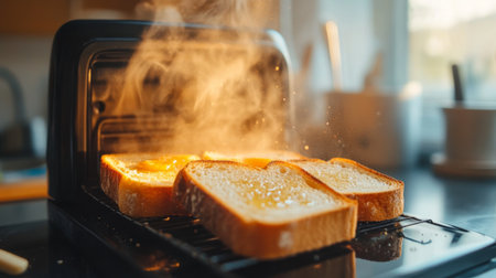 A close-up of a toaster with slices of bread popping up, perfectly toasted and ready to be spread with butter and jam, capturing the joy of breakfast preparation.の素材