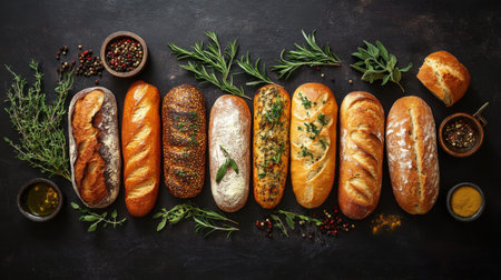 A creative flat lay of different types of bread loaves arranged with herbs and spices, emphasizing the ingredients that enhance the flavor of freshly baked bread.の素材
