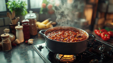 A cozy kitchen scene with a pot of homemade chili simmering on the stove, surrounded by fresh ingredients and seasonings, evoking warmth and comfort in home cooking.の素材