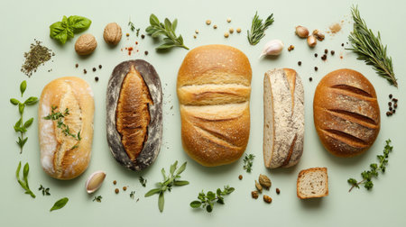 A creative flat lay of different types of bread loaves arranged with herbs and spices, emphasizing the ingredients that enhance the flavor of freshly baked bread.の素材