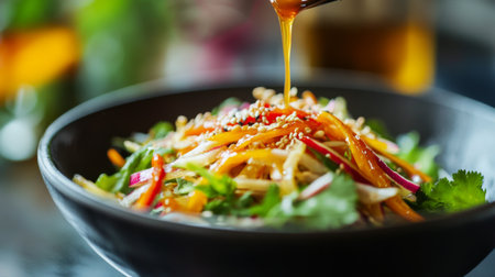 A close-up shot of a bowl of Som Tum being drizzled with spicy dressing, highlighting the fresh ingredients and vibrant colors of this beloved Thai salad.の素材