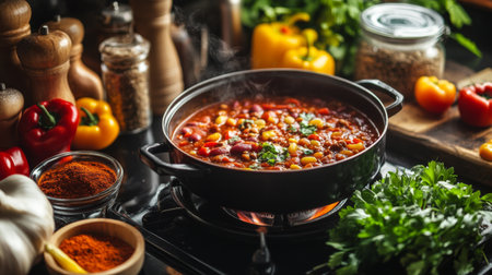 A cozy kitchen scene with a pot of homemade chili simmering on the stove, surrounded by fresh ingredients and seasonings, evoking warmth and comfort in home cooking.の素材
