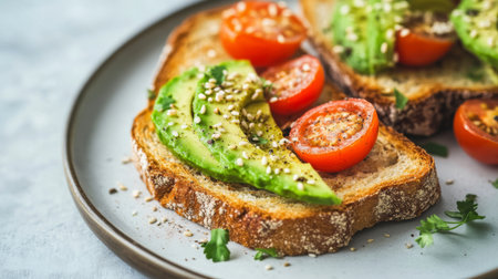 A delicious plate of golden-brown toasted bread slices, topped with creamy avocado, cherry tomatoes, and a sprinkle of sesame seeds, showcasing a healthy breakfast option.の素材