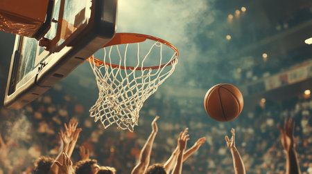 A dramatic shot of a basketball swishing through the net during a game, with fans cheering in the stands, showcasing the thrill and satisfaction of scoring.の素材