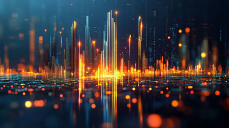 A creative representation of multiple 3D bar graphs forming a city skyline, with lights and reflections, symbolizing the intersection of finance, growth, and urban development.の素材
