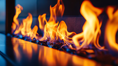 A dramatic close-up of vibrant flames dancing in a fireplace, casting a warm glow and shadows in a cozy living room, evoking feelings of comfort and relaxationの素材