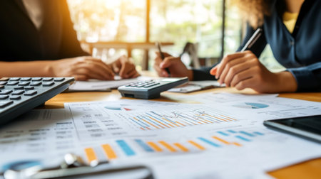 A financial consultant reviewing loan options with a client, showcasing a friendly atmosphere with charts and calculators on the table, emphasizing clarity in financial decisions.の素材