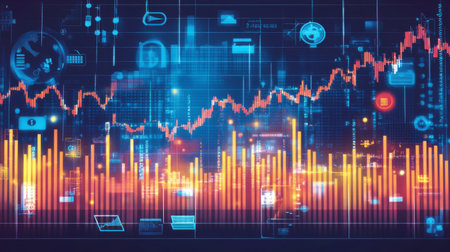 A digital illustration of a stock market graph showing upward trends, surrounded by financial icons like currency symbols and investment charts, emphasizing the dynamic nature of finance.の素材
